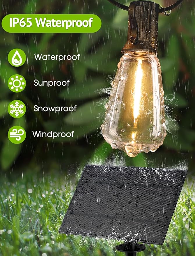 Larkvue 48FT Solar String Lights Outdoor with Remote, Waterproof Dimmable Patio Lights with 15+1 LED ST38 Bulbs 3 Modes Hanging Lighting for Backyard