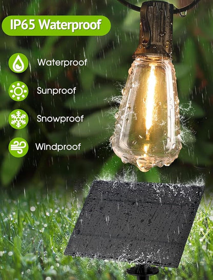 Larkvue 144FT(3x48FT) Solar Outdoor String Lights with Remote & Timer, Waterproof Dimmable Patio Lights with 45+3 ST38 LED Bulbs for Porch Party-Black
