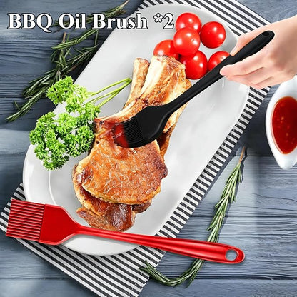 5PCS BBQ Tools Set, Heavy Duty Stainless Steel Grill Accessories with Spatula, Fork, Tongs & 2 Basting Brushes, Barbecue Utensils Kit with Carry Bag, Outdoor Grill Gifts for Dad Husband