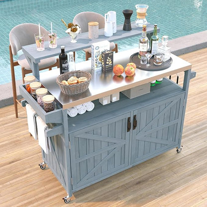 Outdoor Kitchen Island with Raised Shelf, Storage Cabinet with Stainless Steel Top,Outdoor Rolling Grill Cart with Internal Storage Rack, Adjustable Shelf,Spice Rack (Grey+Blue-@Outdoor cart)