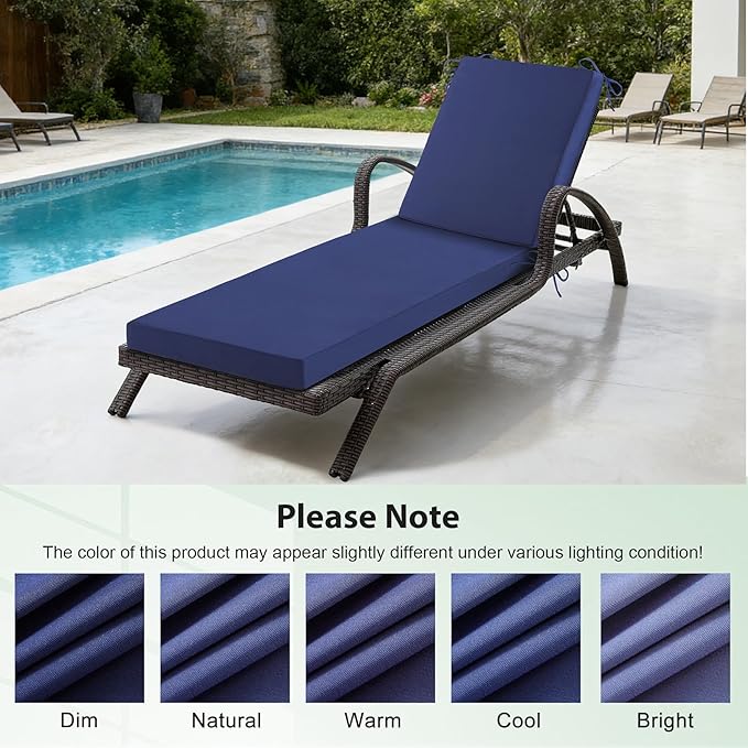 Chaise Lounge Cushions Outdoor, 72x 21x 3 Inch Waterproof & Fade-Resistant Lounge Chair Cushion, Outdoor Chaise Cushion with Removable Cover & Ties for Lawn, Patio, Pool & Beach, Navy Blue