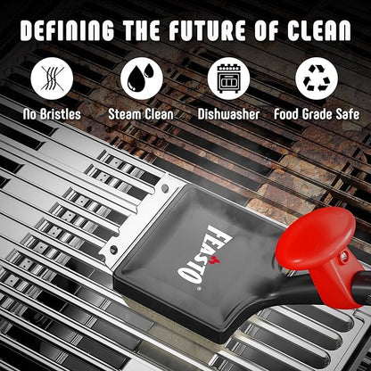 Feasto Grill Brush with Steam and 2 Replacement Brush Heads, 6-in-1 Bristle-Free with Interwoven-Tech & Thermal-Sensitive Sponge, Stainless Steel Scraper, 360° Rotating Knob, Bottle Opener