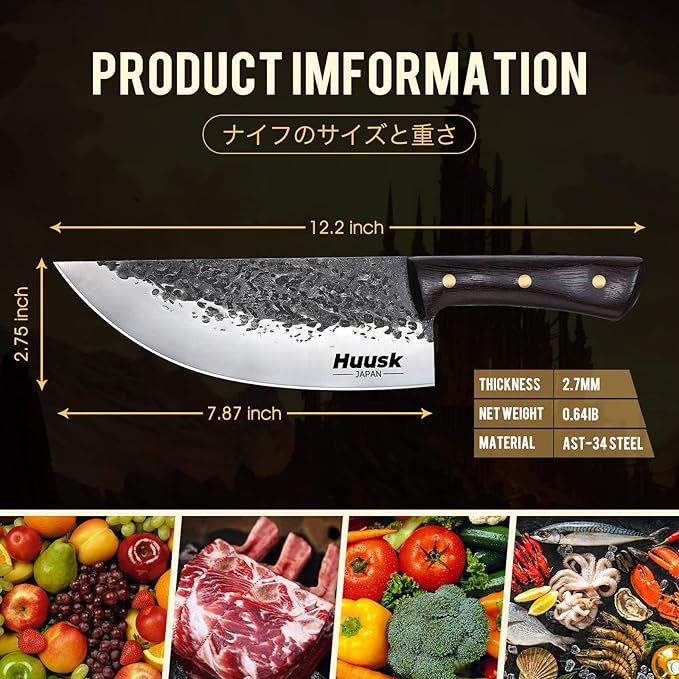 Huusk Butcher Knife for Meat Cutting, Hand Forged Meat Cleaver Knife, Outdoor Cooking Knives for Men, Gifts for Men