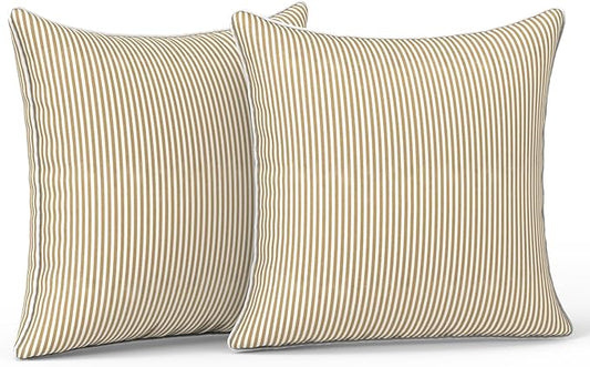 LVTXIII Outdoor/Indoor Throw Pillows, Decorative Patio Accent Pillows, Fluffy Water Repellent Garden Cushions for Home Patio Coach Sofa Use, 16×16 Inch, Pack of 2, Strip Beige