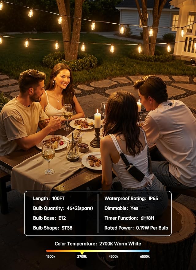 Minetom 100FT Outdoor String Lights with Remote, Shatterproof ST38 LED Bulbs, Waterproof Patio Lights with 3 Modes, Dimmable & Connectable 2700K Hanging Lights for Backyard Porch Deck Balcony