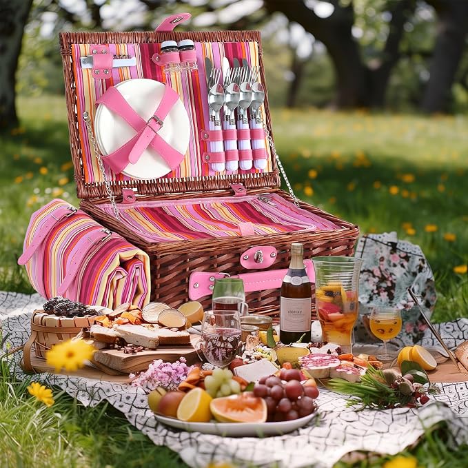 Wicker Picnic Basket Set for 4, Blanket, Cooler Bag, Pink Stripes | Four-Person Wicker Set Includes Tableware, Insulated Food Storage and Waterproof Blanket for Parks, Camping, Dates and Gifts