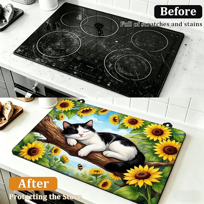 Stove Top Covers for Electric Stove,Sleeping Cat Flat Top Stove Cover,Sunflowers Heat Resistant Glass Top Stove Cover Protector Anti-Slip Range Covers, 28 x 20 Inch
