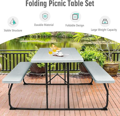 Goplus Foldable Picnic Table with Benches, Rectangular Camping Table Set with Metal Frame, Folding Indoor Outdoor Dining Table Set for Garden, Patio, Backyard (Grey)