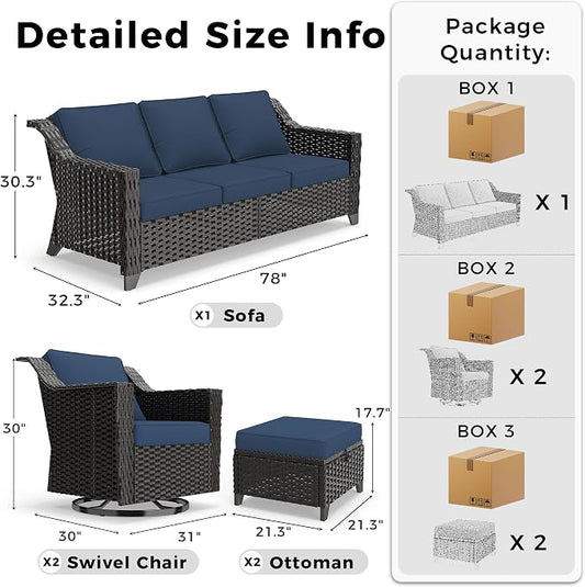 5 Pieces Patio Conversation Furniture Set - 1 Sofa, 2 Swivel Chairs, 2 Ottomans, Outdoor Wicker Furniture with Removable Cushions for Porch, Balcony, Sunroom (Blue)