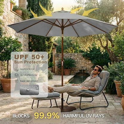 Kingdura 9FT Outdoor Patio Umbrella, Round Market Table Umbrella with Push‑Button Tilt and Crank Lift, 8 Sturdy Metal Ribs, UV50+ Protection Canopy for Backyard, Lawn, Deck, Poolside, Garden (Light grey)