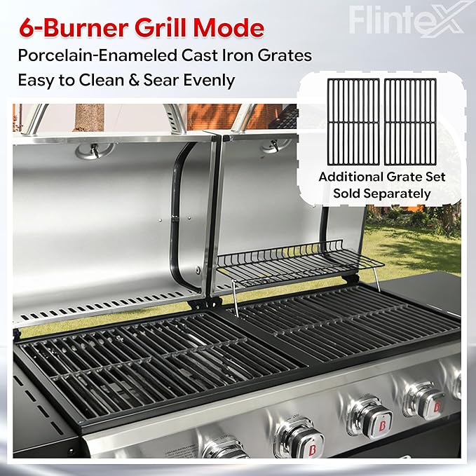 Flintex 6 Burner Propane Gas Grill Griddle Combo with Porcelain-Enameled Cast Iron Grates & Cast Iron Pan, Dual Outdoor BBQ Grill With Flat Top Griddle for Backyard Barbecue, 610 sq.in.