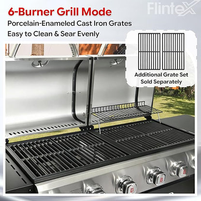 Flintex 6 Burner Propane Gas Grill Griddle Combo with Porcelain-Enameled Cast Iron Grates & Cast Iron Pan, Dual Outdoor BBQ Grill With Flat Top Griddle for Backyard Barbecue, 610 sq.in.