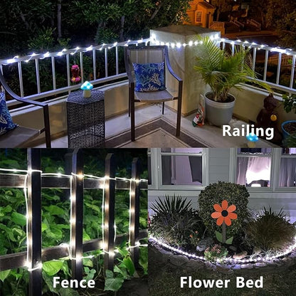 YEGUO Solar Rope Lights Outdoor Waterproof, 66ft 200 LED White String Lights, 8 Modes Fairy Lights in Clear Thin Tube
