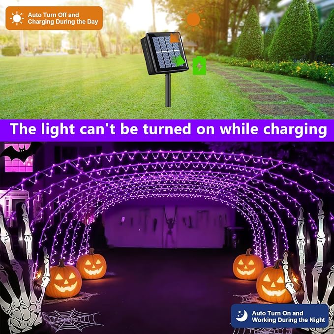 QITONG 2 Pack Solar Halloween Lights, Each 33ft 100 LED Purple String Lights, 8 Modes Clear PVC Tube Light Outdoor Waterproof