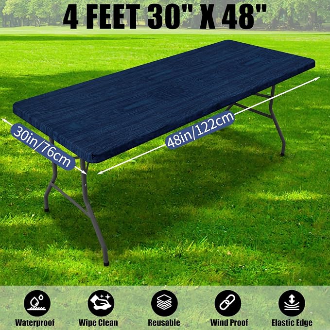 Smiry 2 Pack Rectangle Table Cloth 4 Foot, Waterproof Elastic Fitted Tablecloths, Windproof Washable Polyester Table Cover for Picnic, Camping, Outdoor (Navy & Black, 30"x48")