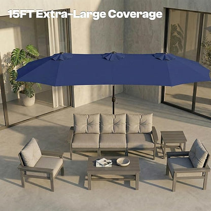 15FT Large Outdoor Patio Umbrella with Solar Lights and Base, Double-Sided Table Umbrellas with 48 LED Lights, Rectangle Market Umbrella for Pool, Deck, Backyard