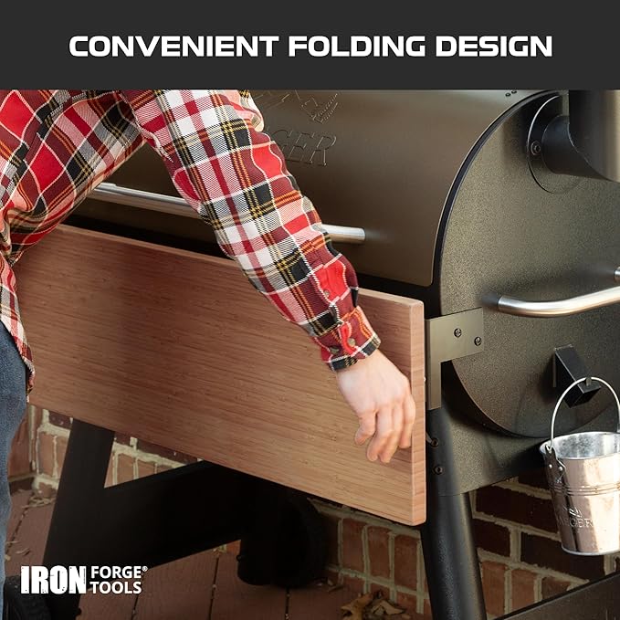 Iron Forge Tools 26x12 Wood Folding Grill Shelf Accessory - Charcoal Grill Accessories for Pellet Smoker Barbeque - Compatible with Traeger Pro 22, Pro 575, Ironwood 650 Series Texas Elite, Eastwood