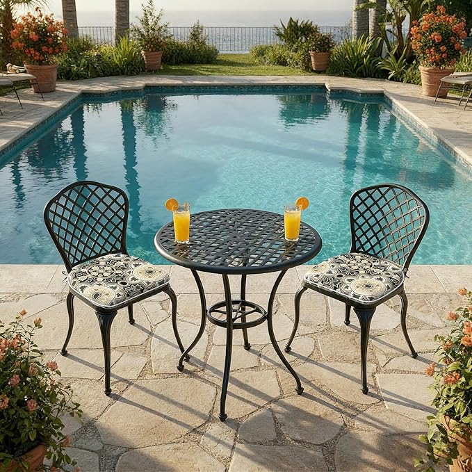 DYTXIII Set of 2 Outdoor Chair Cushions with Ties, Water Repellent Patio Chair Pads 17"x 16" for Outdoor Furniture, Round Corner Seat Cushions for Garden Yard Kitchen Vintage Medallion