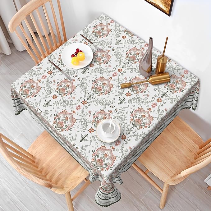 Rustic Floral Tablecloth 60x60 Inch Square Green Pink Flower Boho Spring Wrinkle Resistant Table Cloth Washable Seasonal Retro Square Table Cover for Home Restaurant Picnic Camping 60x60 Inch