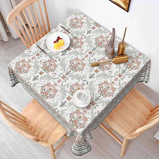 Rustic Floral Tablecloth 60x60 Inch Square Green Pink Flower Boho Spring Wrinkle Resistant Table Cloth Washable Seasonal Retro Square Table Cover for Home Restaurant Picnic Camping 60x60 Inch