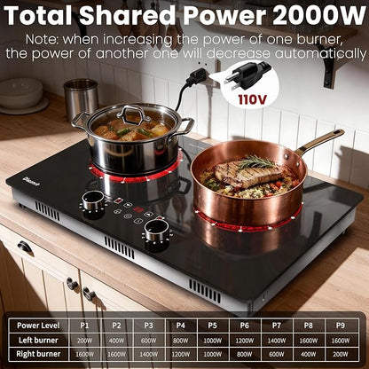 2 Burner Electric Cooktop 110V - 24 Inch(23.6"x 13.78") Ceramic Stove Countertop & Built-in(22"x 12.2"), 2000W Two Burner Cooktop with Touch & Knob Control, Timer, Safety Lock, 120V Plug in