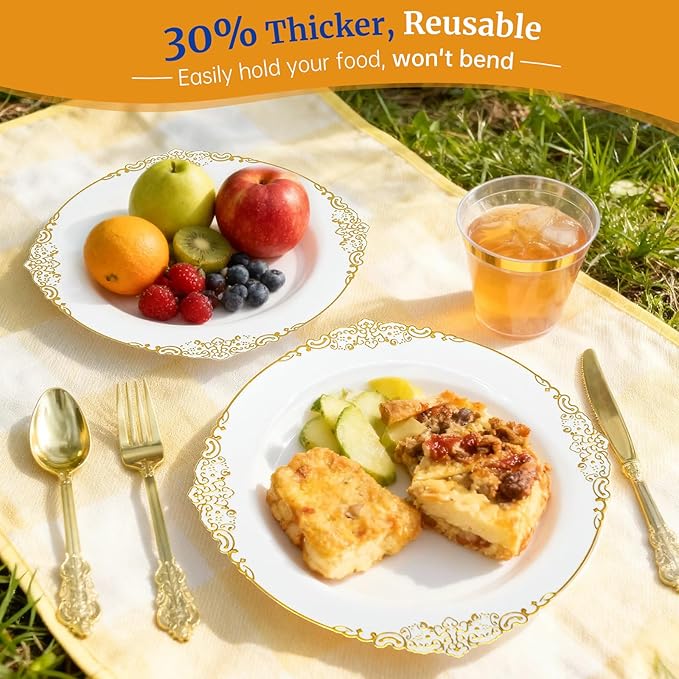 AIRE 175PCS Gold Plastic Plates for Party Supplies Dinnerware Sets for 25 Guests, Vintage Disposable Plastic Party Plates Cups Spoons Forks Knives Napkins for Wedding Birthday Christmas BBQ Parties