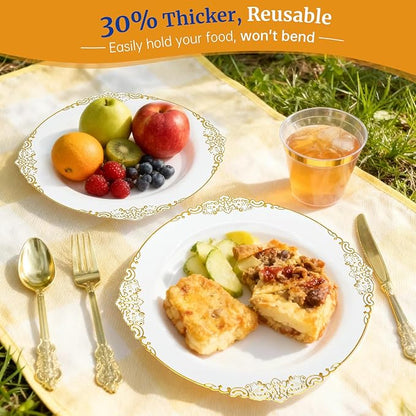 AIRE 175PCS Gold Plastic Plates for Party Supplies Dinnerware Sets for 25 Guests, Vintage Disposable Plastic Party Plates Cups Spoons Forks Knives Napkins for Wedding Birthday Christmas BBQ Parties