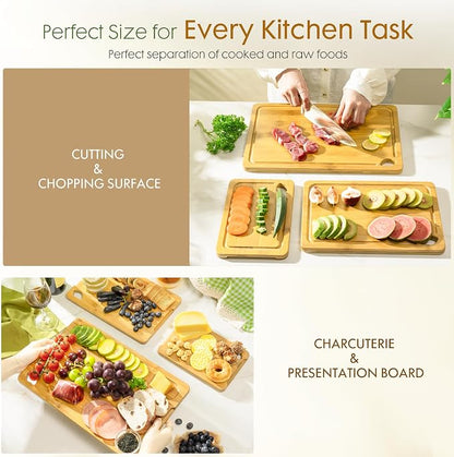 Astercook Nature Bamboo Cutting Boards for Kitchen with Wood Storage Stand, Reversible Charcuterie & Chopping Boards with Juice Grooves and Easy-Grip Handles