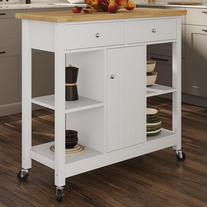 Lavish Home Mobile Kitchen Island with Spice Rack, Shelves & Cabinet, White | Rolling Cart with Drawers for Coffee Bar, Adjustable Shelves, Counter Space, Microwave Stand with Storage Shelves