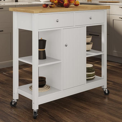 Lavish Home Mobile Kitchen Island with Spice Rack, Shelves & Cabinet, White | Rolling Cart with Drawers for Coffee Bar, Adjustable Shelves, Counter Space, Microwave Stand with Storage Shelves