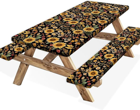 Picnic Table Cover with Bench Covers, Camping Essentials, Sunflower Flower Leaves Waterproof Windproof Patio Table Cover, Fitted Tablecloth Cover with Elastic Edge for Indoor Outdoor 3 PCS 30x96 Inch