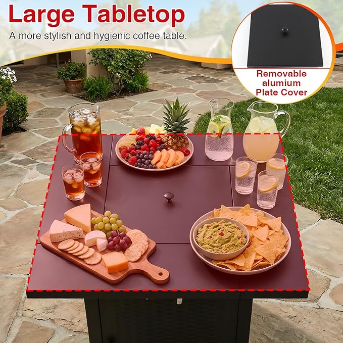 PayLessHere 28" Square Propane Fire Pit Table, 50,000 BTU CSA-Certified Outdoor Gas Fire Pit with Lid & Lava Rock, Alloy Steel Patio Fire Table for Backyard, Balcony & Garden