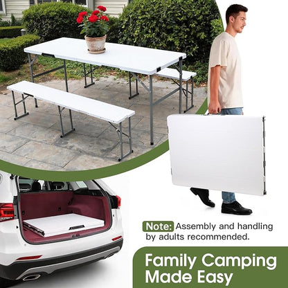 Camping table folding table and chairs foldable picnic table Portable White | Folding Table and Bench Set: 6-ft portable picnic table with two attached benches. Ideal for camping,BBQ and outdoor events
