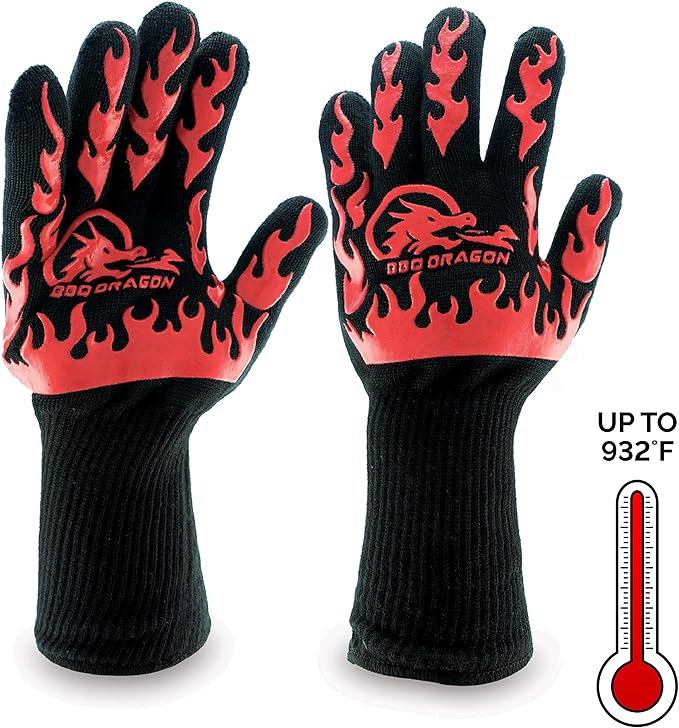 BBQ Dragon Heat Resistant Gloves - High Heat Gloves for Cooking, BBQ, Grilling, and Baking - Non-Slip Oven Gloves & Heat Proof Gloves - Certified Heat Gloves for Outdoor Grill & Kitchen Safety