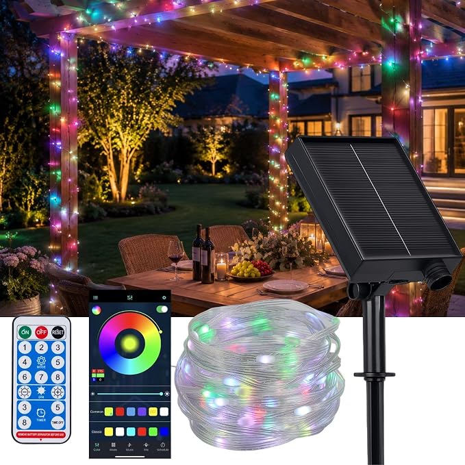Solar Fairy Lights, 33FT 100 LED RGB APP Control | IP65 waterproof, remote control, multi-mode. String lights for garden, party, tree, backyard decoration.