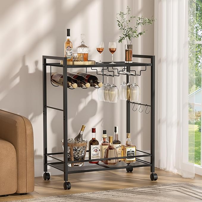 Joaxswe Bar Cart, Home Bar Serving Cart with 2-Tier Shelf,Rolling Beverage Cart with Wheels,Mobile Kitchen Shelf,Modern Black Wine Drink Cart with Wine Rack and Glass Holder for Kitchen,Dinning Room