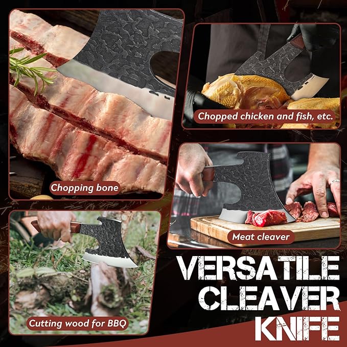 Purple Dragon Butcher Knife Heavy Duty Meat Cleaver - Hand Forged Kitchen Axe for Bone Chopping - Outdoor BBQ and Cooking Christmas Gift for Men and Women
