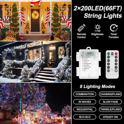 2 Pack Battery Operated String Lights Outdoor Indoor, 8 Modes with Remote Timer Waterproof 66ft 200 LED Twinkle Fairy Lights Battery Powered for Wedding Bedroom Tree Party Christmas Decor, White