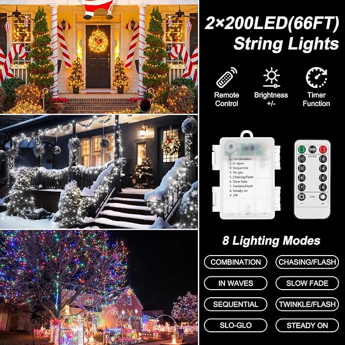2 Pack Battery Operated String Lights Outdoor Indoor Total 132ft 400 LED, 8 Modes with Remote Timer Waterproof Twinkle Fairy Lights Battery Powered for Christmas Tree Bedroom Party Decor, Multicolor