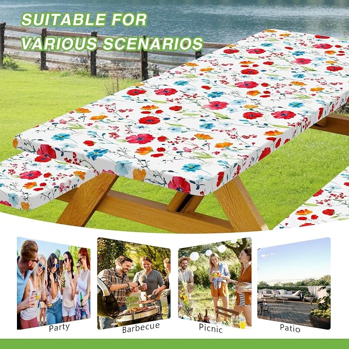 JAWO Picnic Table Cover with Bench Covers, Flowes Boho Floral Camping RV Essentials Gear Supplies Outdoor Waterproof Windproof Tablecloth with Elastic, 96in