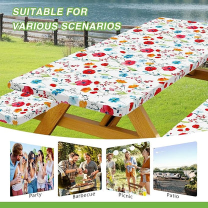 JAWO Picnic Table Cover with Bench Covers, Flowes Boho Floral Camping RV Essentials Gear Supplies Outdoor Waterproof Windproof Tablecloth with Elastic, 96in