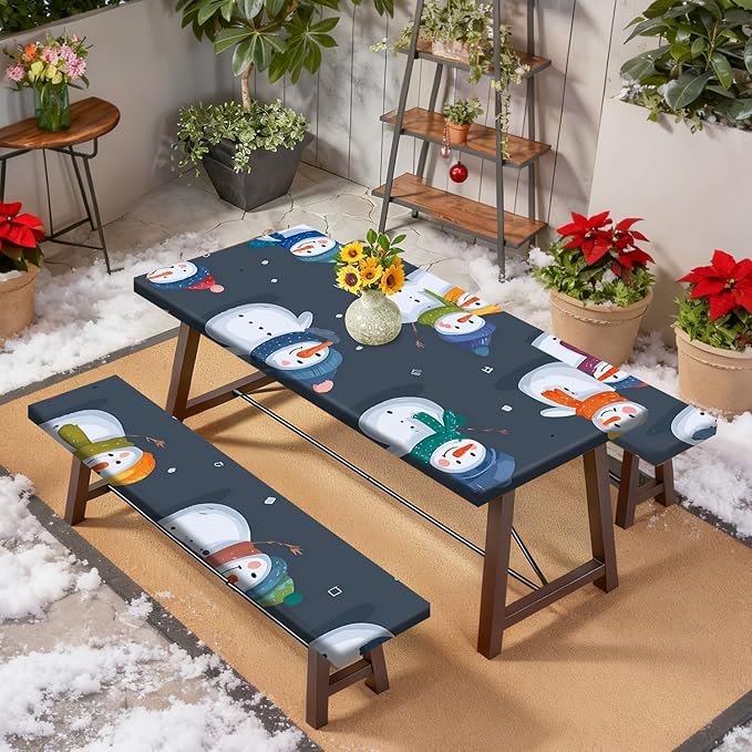 Christmas Picnic Table Cover with Bench Covers Set, Elastic Fitted Tablecloth for Outdoor Picnic Tables, Blue Snowman Design, Durable Vinyl Table Cover for Winter Camping, BBQs, and Holiday