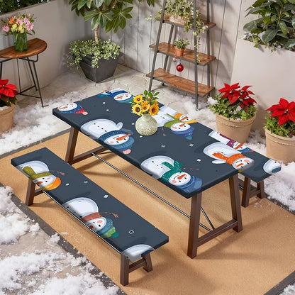 Christmas Picnic Table Cover with Bench Covers Set, Elastic Fitted Tablecloth for Outdoor Picnic Tables, Blue Snowman Design, Durable Vinyl Table Cover for Winter Camping, BBQs, and Holiday