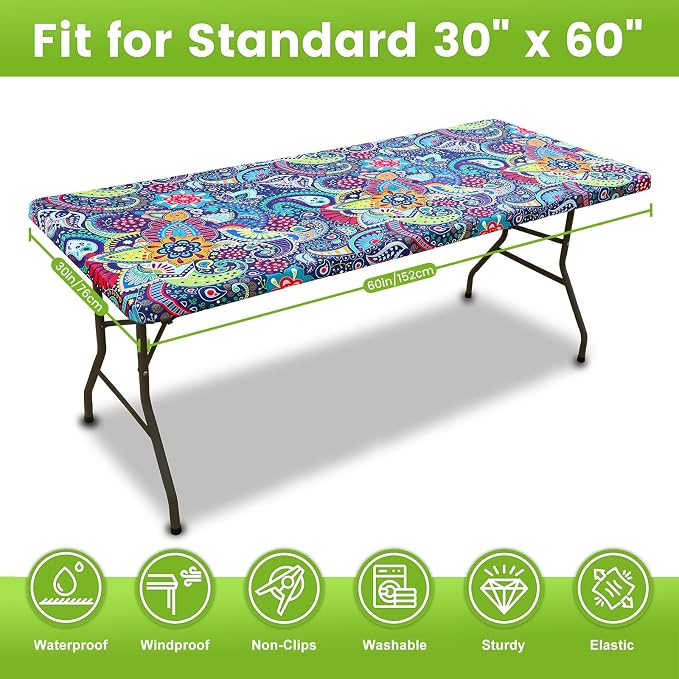 Smiry Spandex Fitted Tablecloth for 5 Foot Rectangle Tables, Washable Picnic Table Cover with Elastic, Stretch Reusable Table Cloth for Outdoor, Camping, Dining & Kitchen (Paisley, 30"x60")