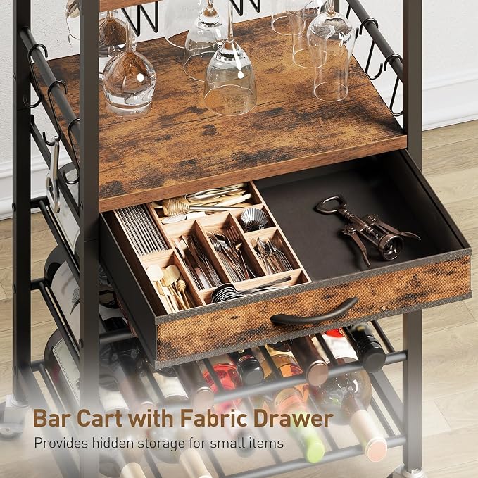 3-Tier Bar Cart with Drawer, Home Bar Serving Cart with Glass Holder and Handle, Rolling Mini Liquor Bar for Wine Beverage Dinner Party, Drink Cart for Home Kitchen Bars, Rustic Brown 8001TCBF
