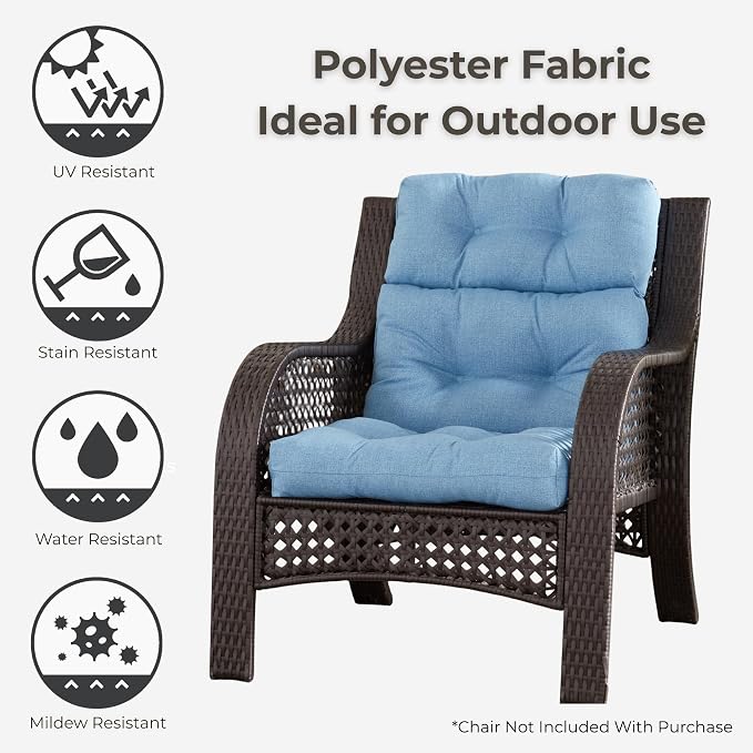 Outdoor Tufted High-Back Chair Cushions, One-Piece Hinged Seat and Back Design, Reversible with 4 Ties, Durable Polyester Fabric, Recycled Fiber Fill - Single, Denim