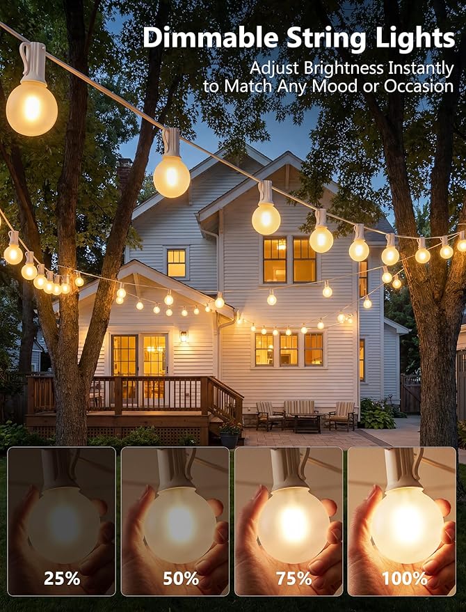 25FT G40 LED Frosted Outdoor String Lights, Globe String Lights with 27 Edison Shatterproof Bulbs(2 Spare), Decorative Lights for Bedroom Bistro Café Wedding, Warm White, White Wire