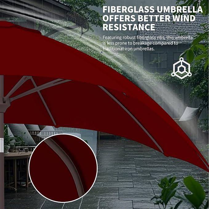 Kingdura 9FT Outdoor Patio Umbrella, Round Market Table Umbrella with Push‑Button Tilt and Crank Lift, 8 Sturdy Metal Ribs, UV50+ Protection Canopy for Backyard, Lawn, Deck, Poolside, Garden (Dark red)