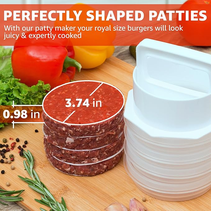 Hamburger Press Patty Maker - 4 in 1, Burger Mold, Patty Press, 8 Storage Containers, 100 Round Papers - Hamburger Patty Maker Tool for BBQ - Burger Shaper for Meat, Veggie Patties