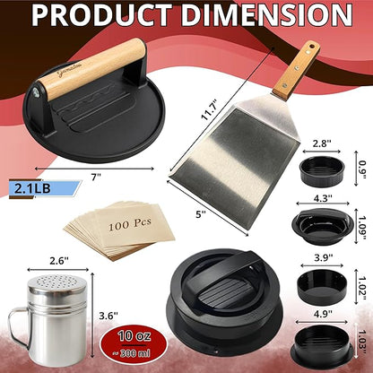 Gamalou® Smash Burger Press Kit: 7” Cast Iron Flat Press, 3-in-1 Hamburger Maker, 6x5” Spatula, Dredge Shaker & 100 Patty Papers for BBQ, Blackstone Griddle, Flat Top, Grill & Frying Pan